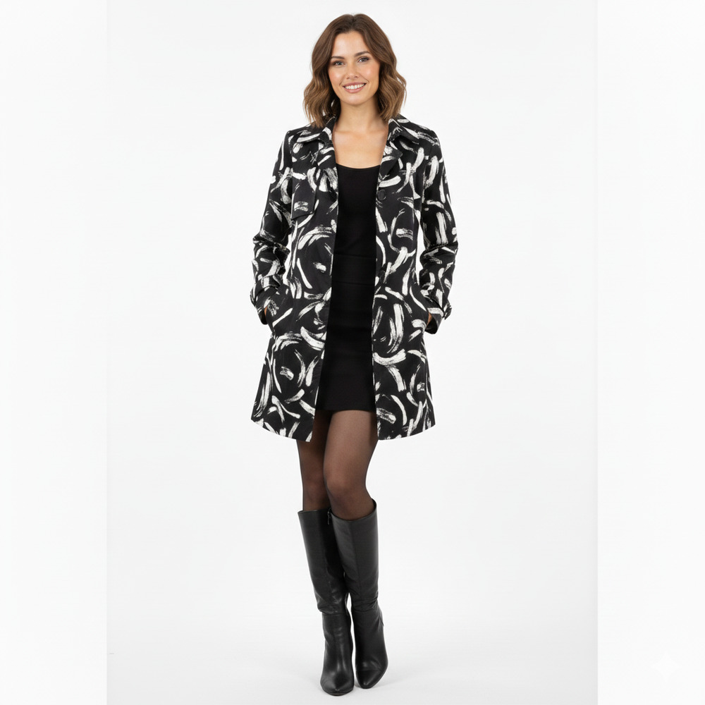 Y2K Vintage Womens Trench Jacket Size Small Black White Abstract Art Wild Punch